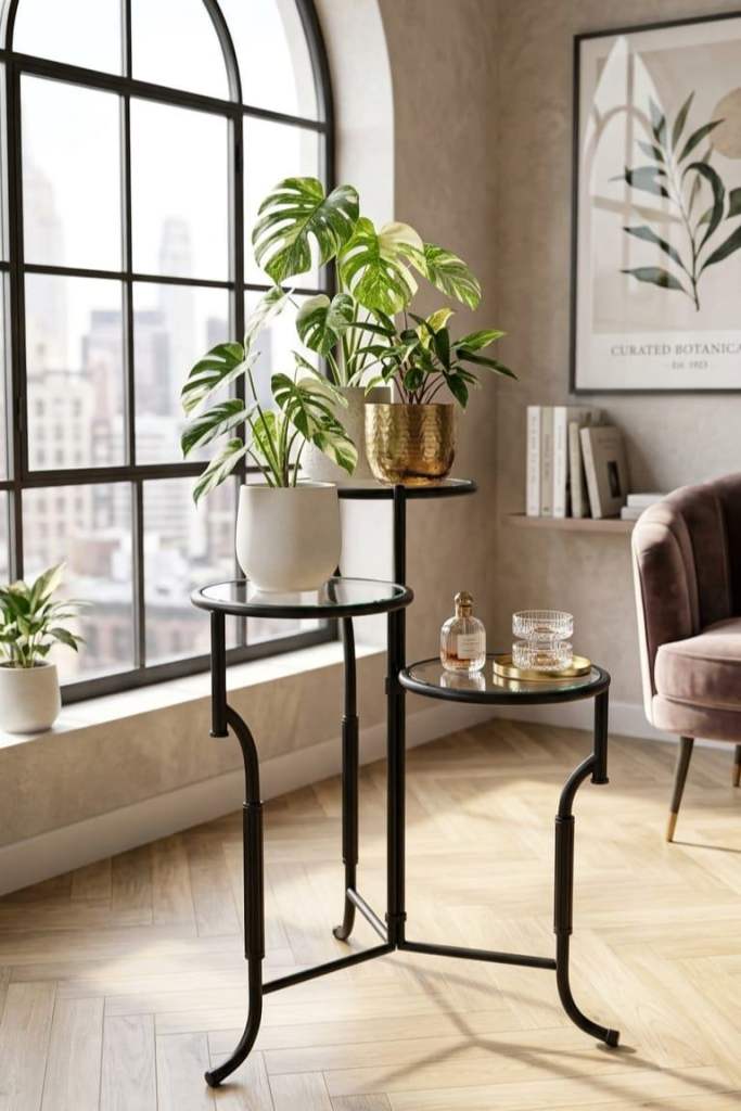 ​Bauhaus Style 3-Tier Black Metal & Glass Plant Stand | Minimalist Display