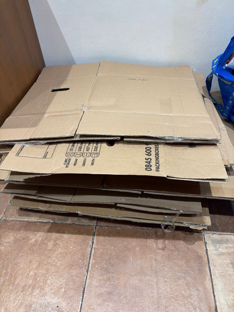 Stack of 28 Used Cardboard Packing Boxes – Good Condition