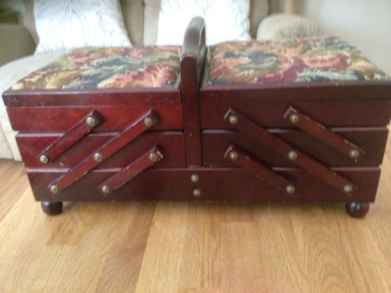 Wooden Cantilever Sewing Box.