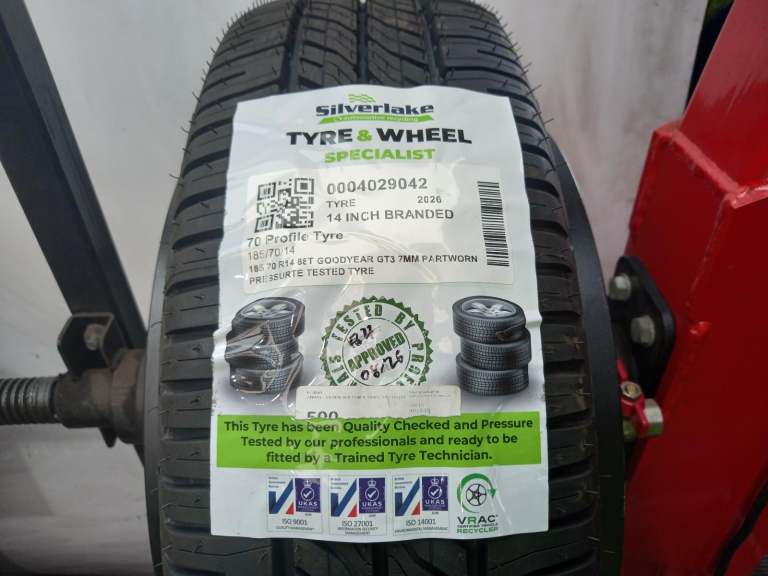 185 70 R14 88t Goodyear Gt3 7mm Partworn Pressurte Tested Tyre