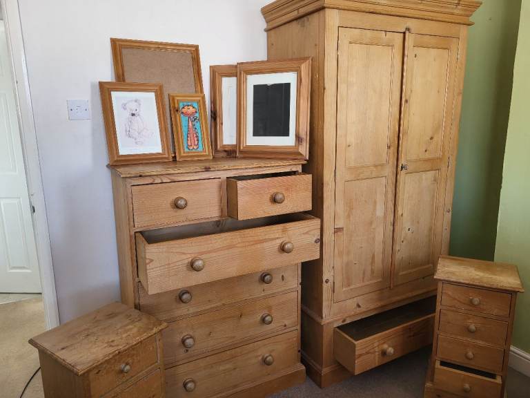 Solid Nordic Pine Wardrobe, Chest of Drawers, and Bedside Table Set – Good Condition