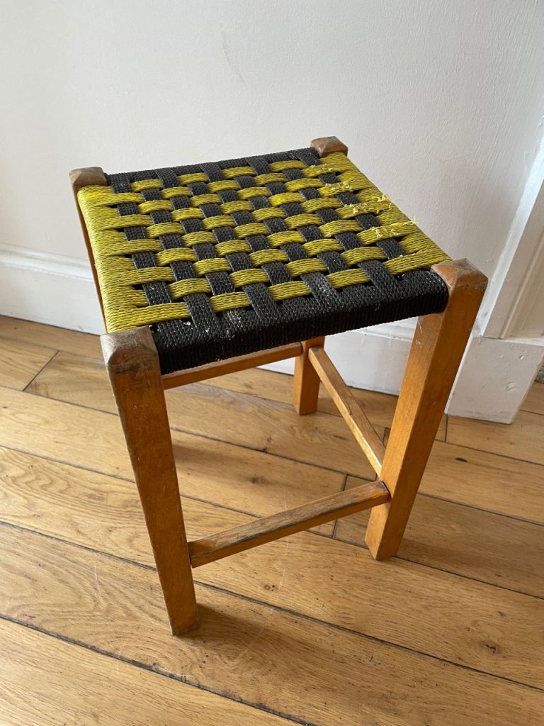 Vintage Wooden Stool with Woven Seat – Good Condition