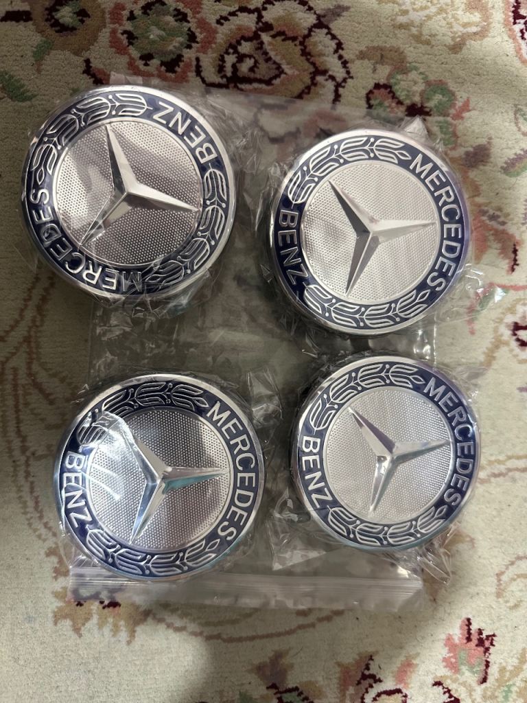 Mercedes-Benz Genuine Alloy Wheel Centre Caps Blue Logo 75mm x 4
