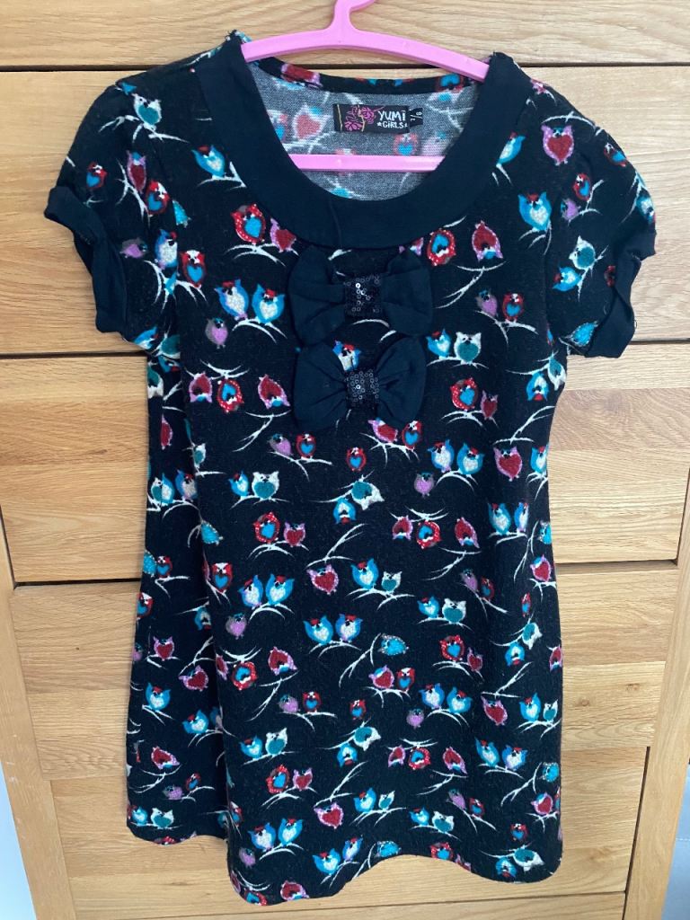 Yumi Girls Black Owl Print Dress - Size 7/8 Very Good Condition