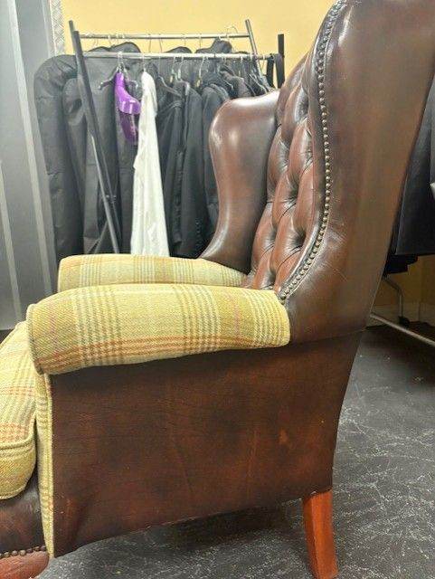 Ox blood Brown Queen Ann original wing back leather armchair  