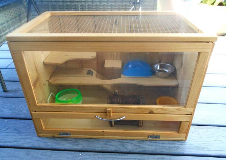 Wooden indoor cage for small animal, plus Trixie house and bowls etc.
