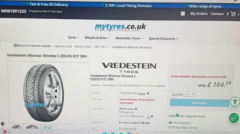 VREDESTEIN WINTER TYRES X 4 - 17 INCH - LIKE NEW