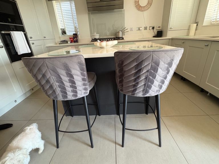 Pair of Grey Velvet Bar Stools – Good Condition