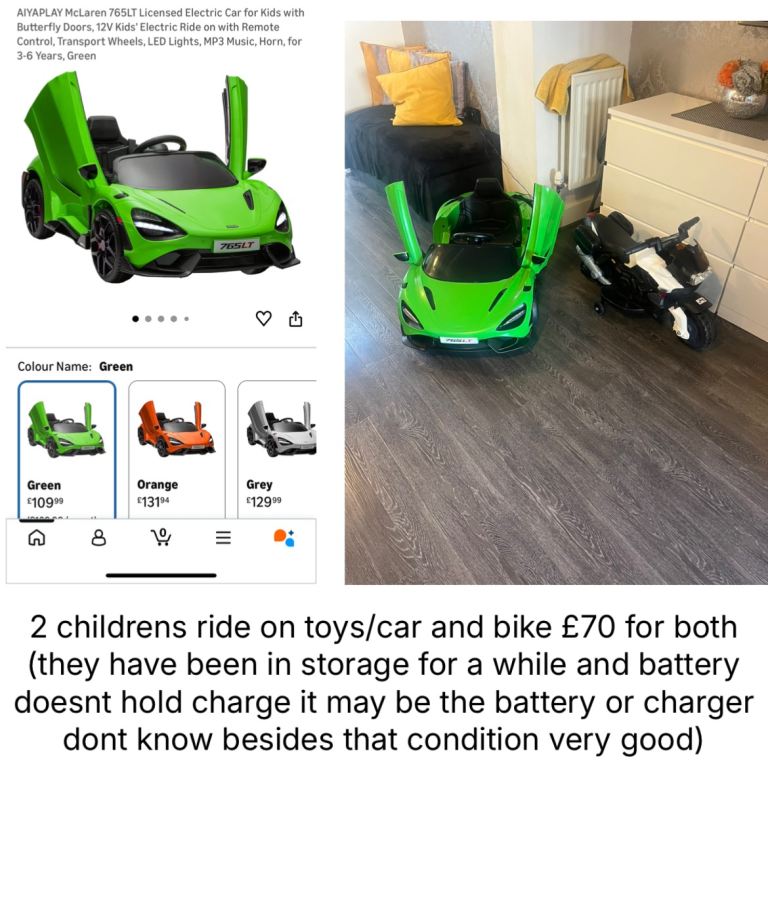 2 childrens ride on toys/car and bike £70 for both (they have been in storage for a while 