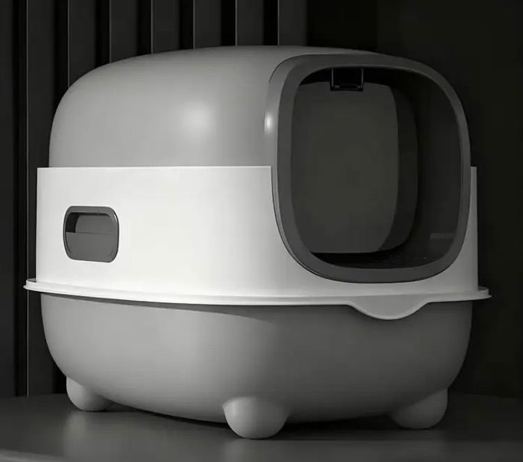 Cat litter tray / box, large size, fully enclosed, splash proof, flip lid, grey and white. New.