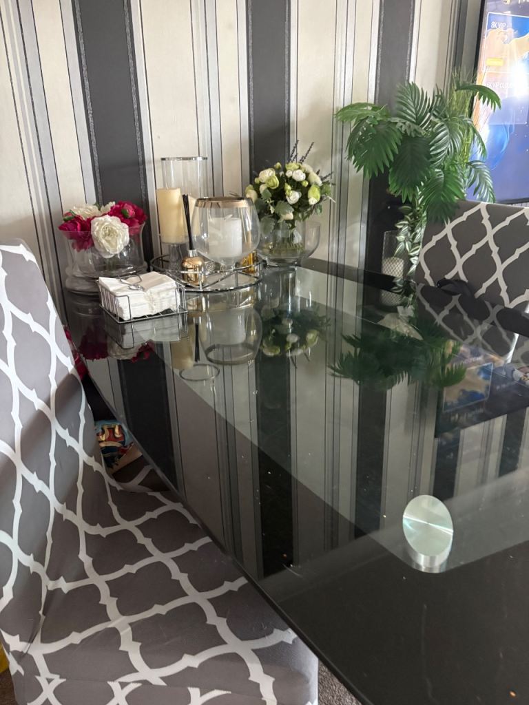 Modern Black Glass Dining Table with 4 Chairs