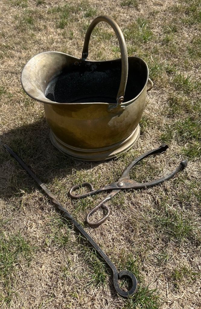 Vintage Brass Coal Scuttle with Fireplace Tools