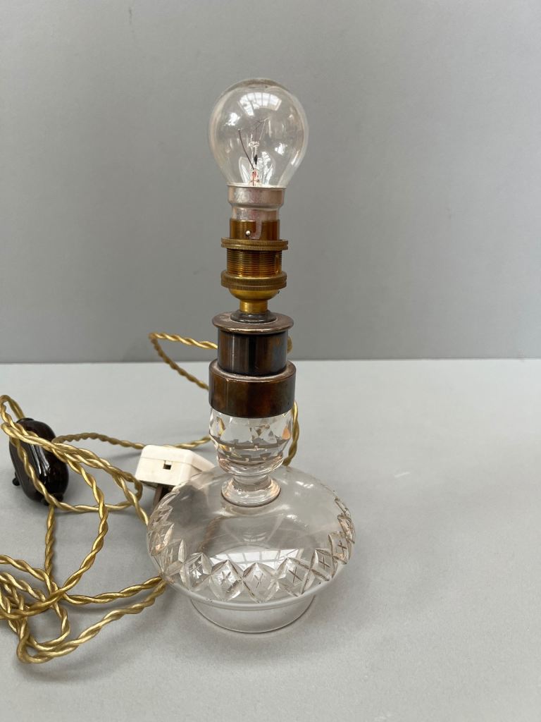 Upcycled converted whisky crystal dispenser lid lamp light vintage