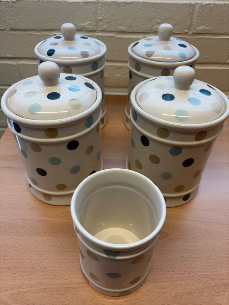 Set of 5 Polka Dot Ceramic Kitchen Canisters – Good Condition