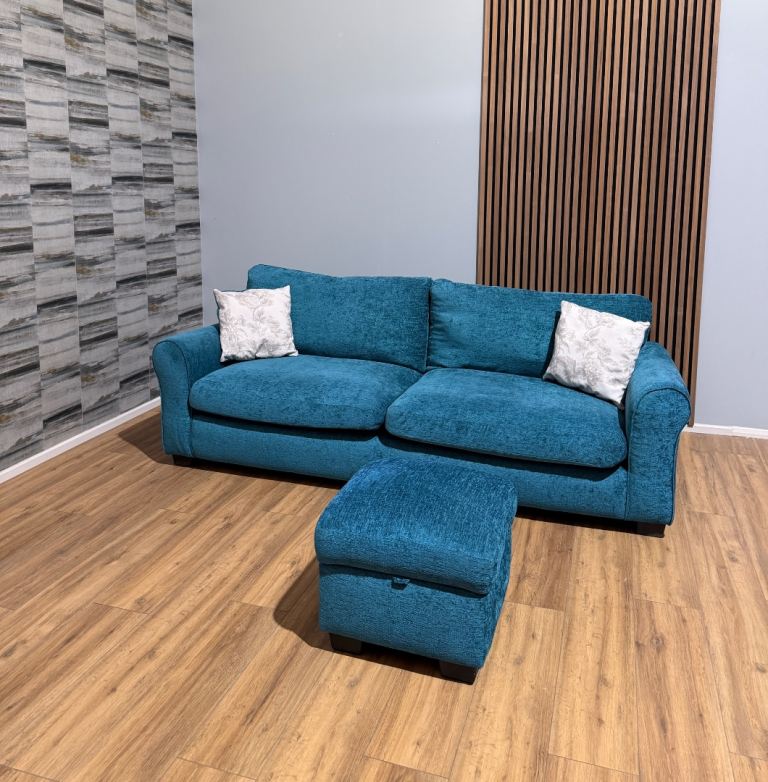 3-seater teal sofa with footstool + free delivery 