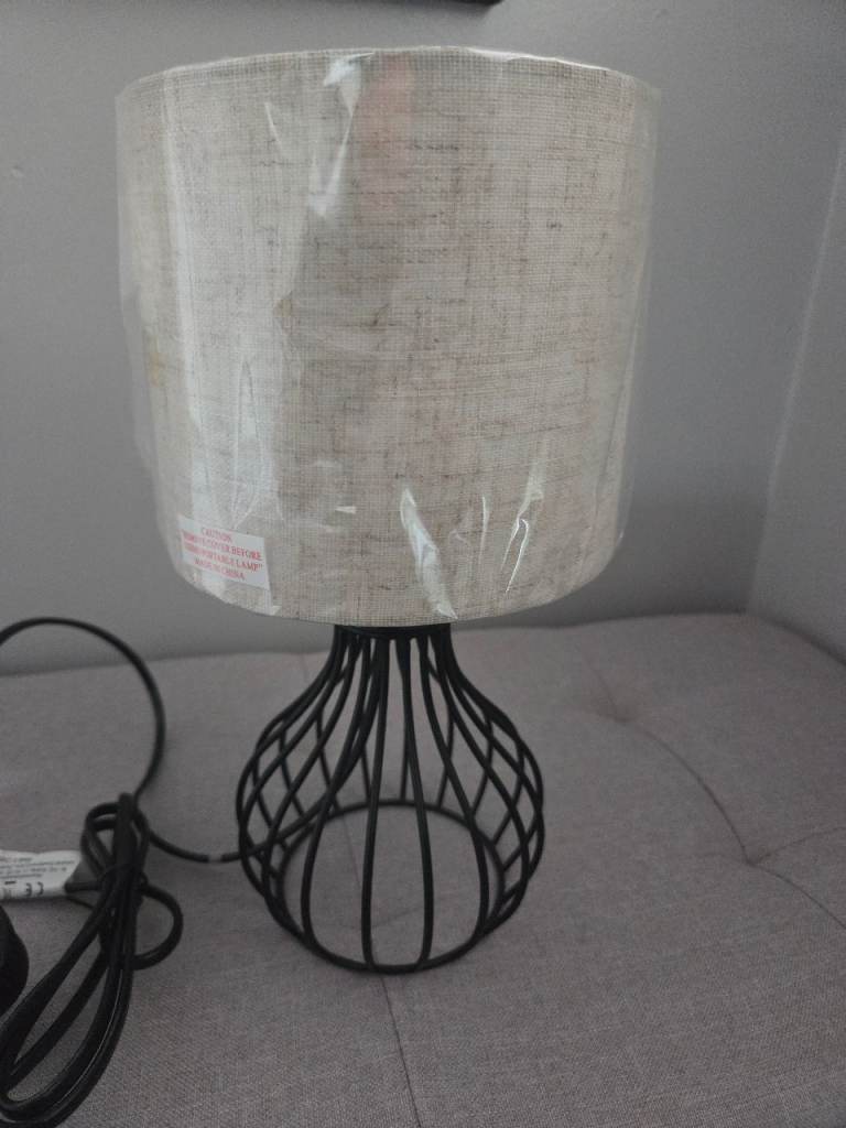 New Black Metal Cage Table Lamp with Fabric Shade
