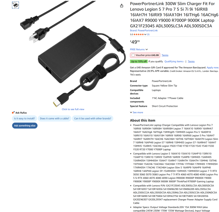 300W Slim Charger Fit For Lenovo Legion 5 7 Pro 7 5 5i 7i 9i|| Brand new 50% off price 