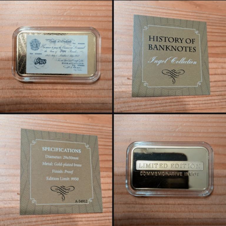 24carat GOLD plated White Fiver FIVE POUNDS History of Banknotes PROOF Ingot Bar