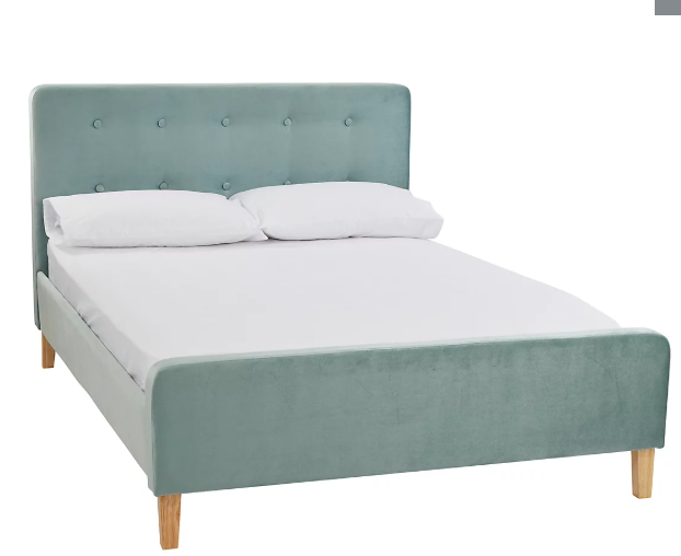 Pierre 4.6 Double Upholstered Bed Aqua Velvet with Buttoned Headboard & Wooden Legs