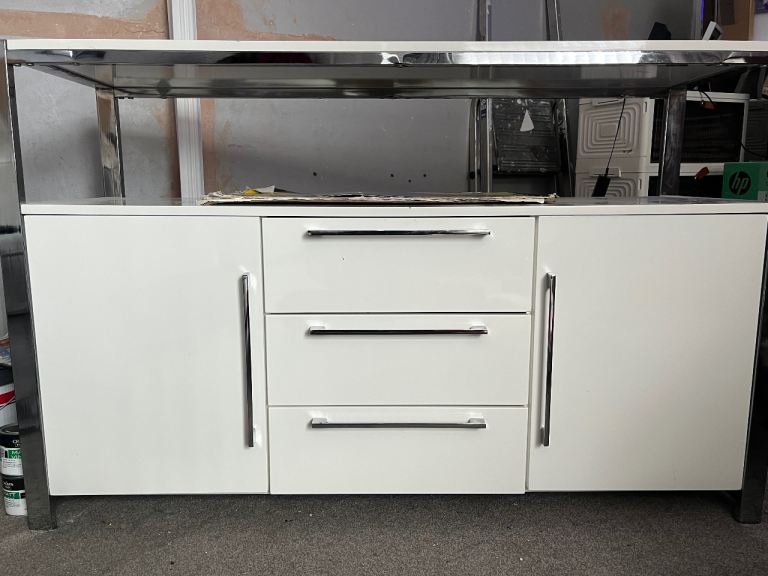 Modern White Gloss Sideboard Console Cabinet Chrome Frame Soft Close.