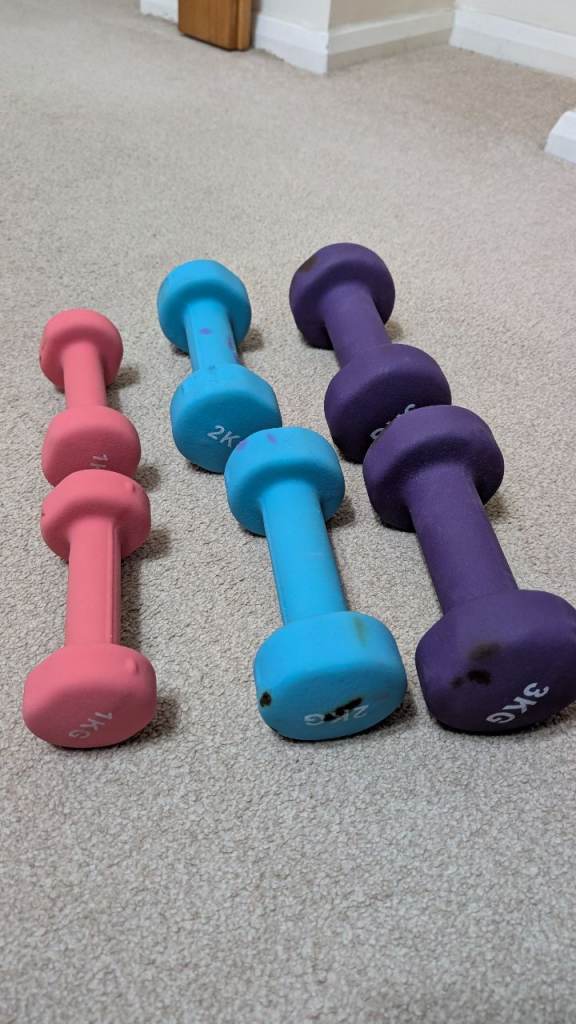 Set of 6 Dumbbells: 1kg, 2kg, 3kg Pairs – Good Condition