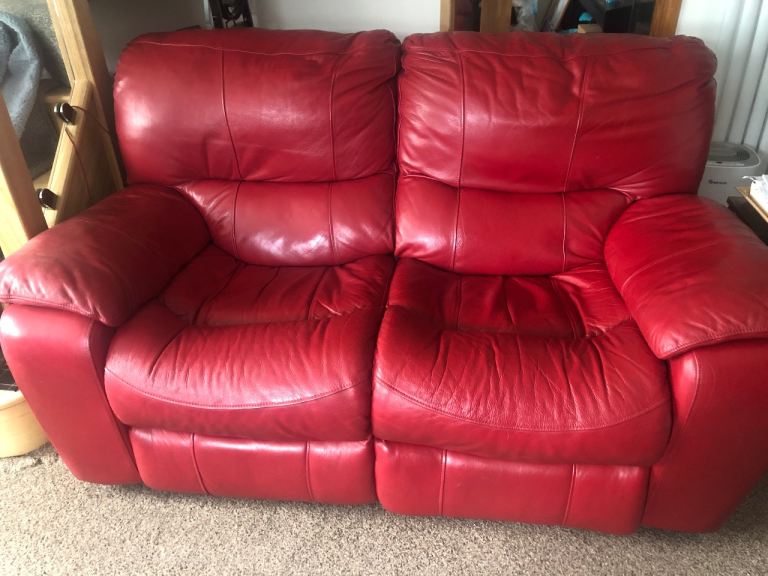 Red Leather 2seater Recliner Sofa Set with Storage Ottoman