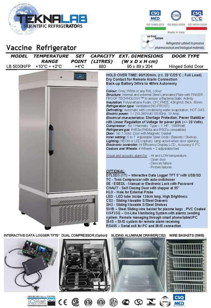 Laboratory Refrigerator, capacity 880L, temperature range +2°C ÷ +10° LB 5030NF