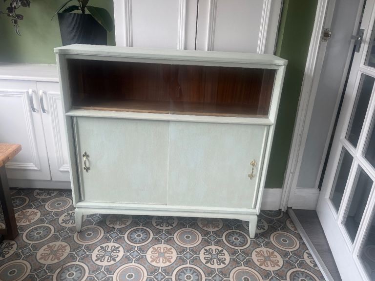 Vintage Wooden Sideboard Cabinet – Light Green, Fair Condition