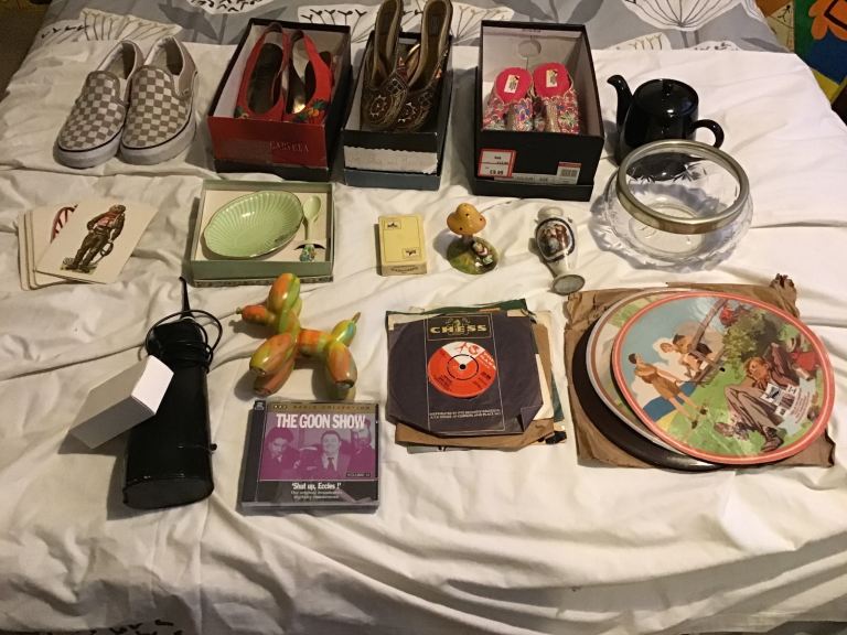 Assorted Household Items: Shoes, Records, Teapot & More