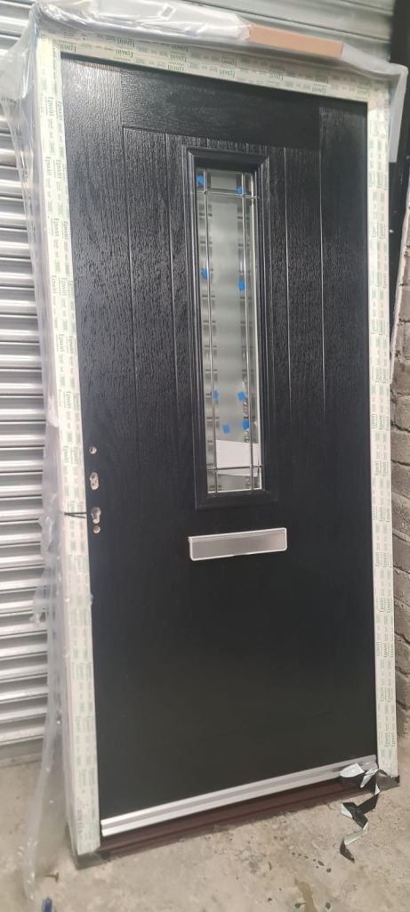 Brand New Black uPVC Door with Glass Panel and Chrome Fittings