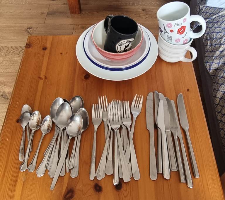 Mixed Cutlery Set, Plates, Bowls, and Mugs – Good Condition