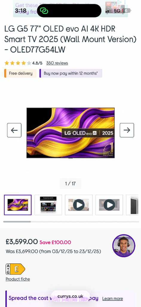 CAN DELIVER, SAVE £850 RRP £3599 BRAND NEW SEALED LG G5 77" OLED EVO AI 4K HDR SMART TV OLED77G54LW 