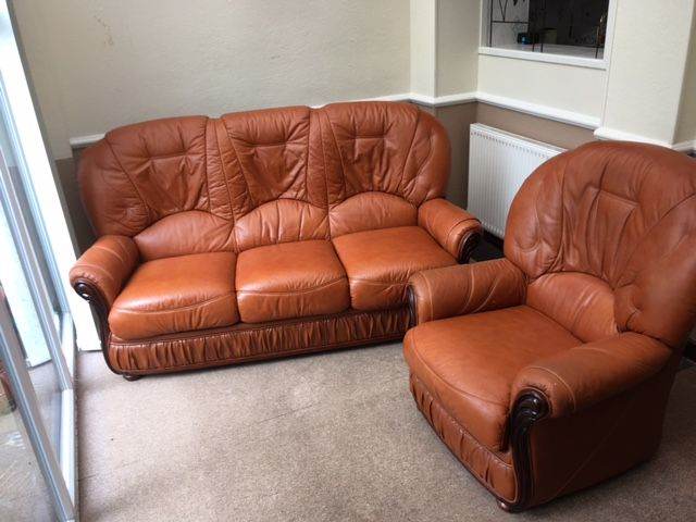 3 seater Italian leather sofa and 2 matching arm chairs