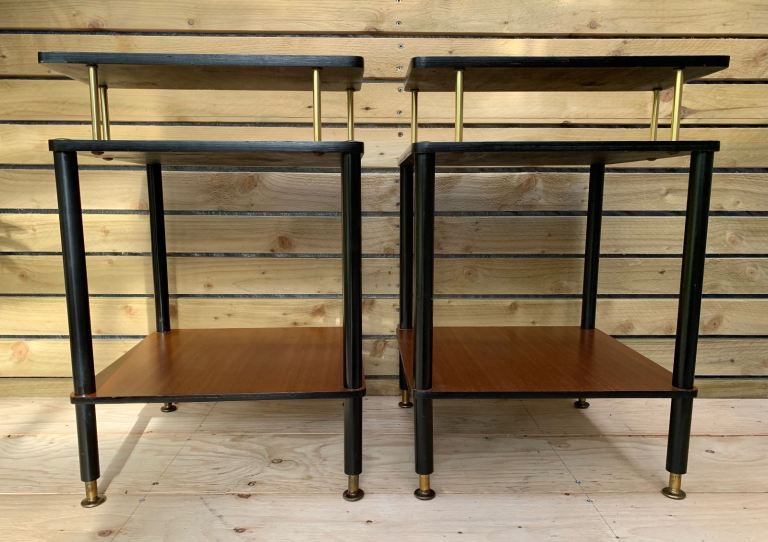 Pair of Vintage Mid Century Modern Teak & Ebonized Shelf Bedside Table Units 1950s