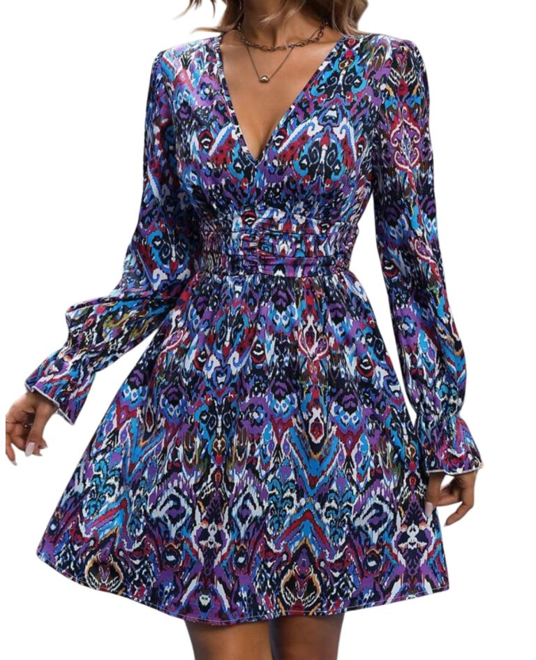 Womans Allover Print Flounce Sleeve Dress A Line Dress V Neckline Long Sleeve Size Large 12-14