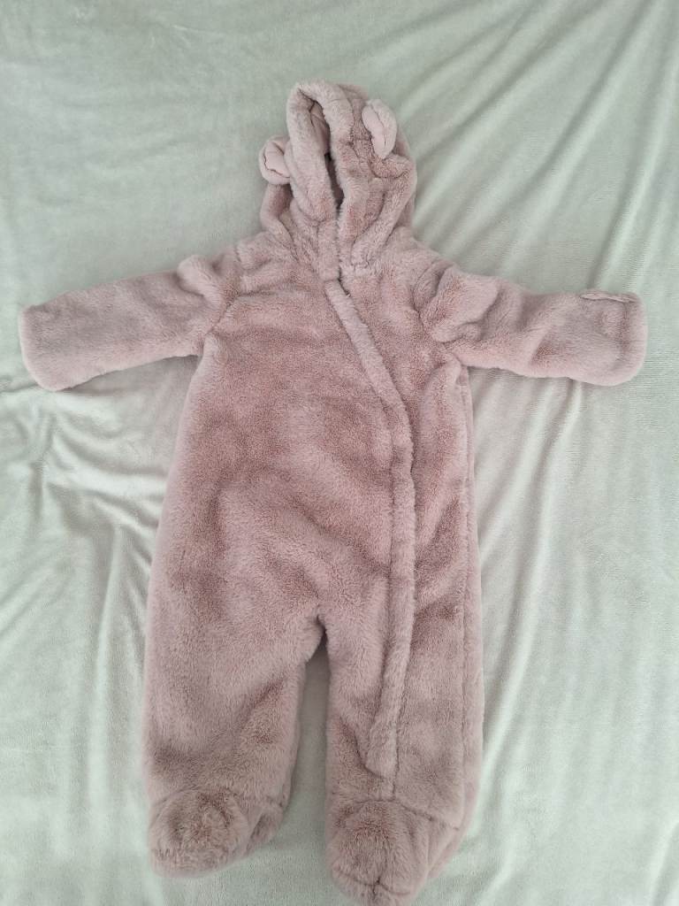 Pink Hooded Snowsuit Matalan Size 9-12 Months 