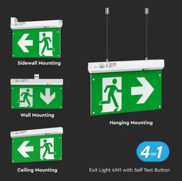 LED Emergency Exit Light, 4-in-1 Installation, Maintained Operation, Including 4 x Green Legends