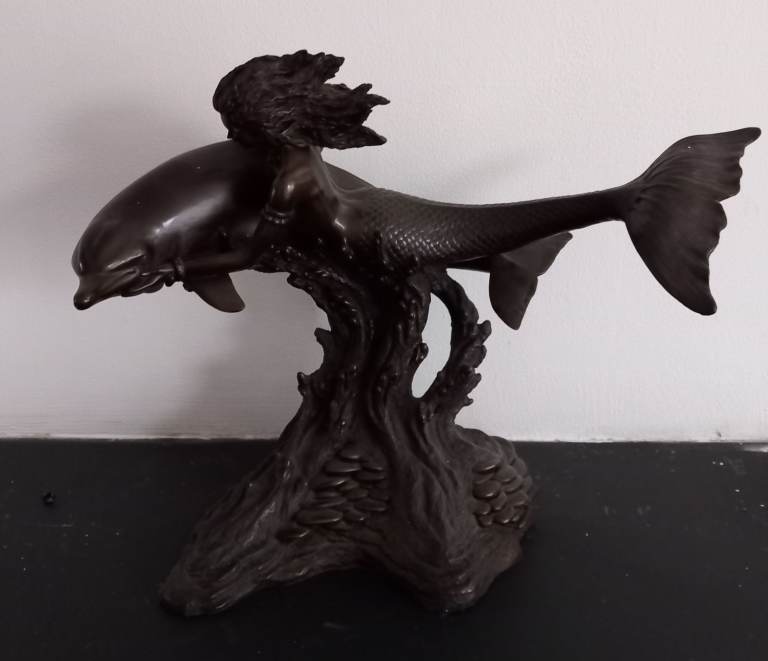 Cold Cast Bronze Dolphin and Mermaid Statue