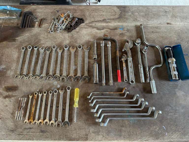 Mixed tool job lot + toolbox. Sockets and spanners - all working, reasonable condition