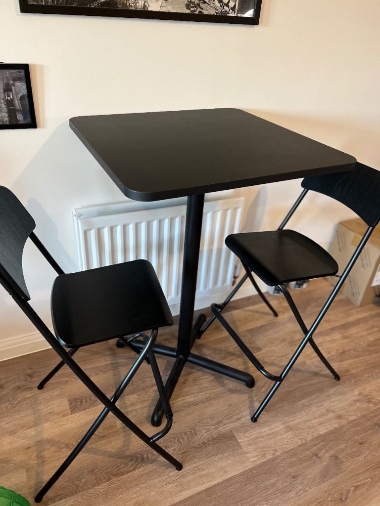 IKEA Bar Table + 2 Folding Stools – Black – Excellent Condition – Modern Set
