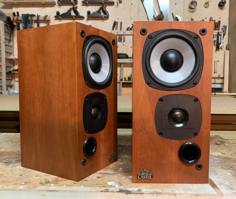 Castle Isis Bookshelf Speakers. Real Cherry wood finish. Refurbished and Upgraded