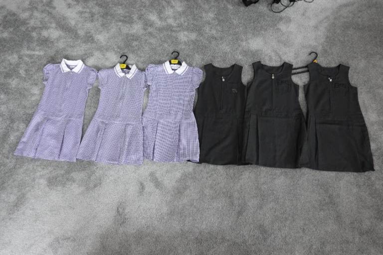 GIRLS school uniform DRESSES bundle, NEW, 3 summer, 3 winter, approx age 7-8. **£20 FOR ALL**