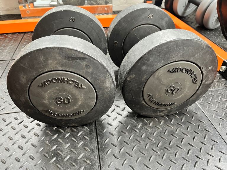 Pair of 30kg and 38kg dumbbells 