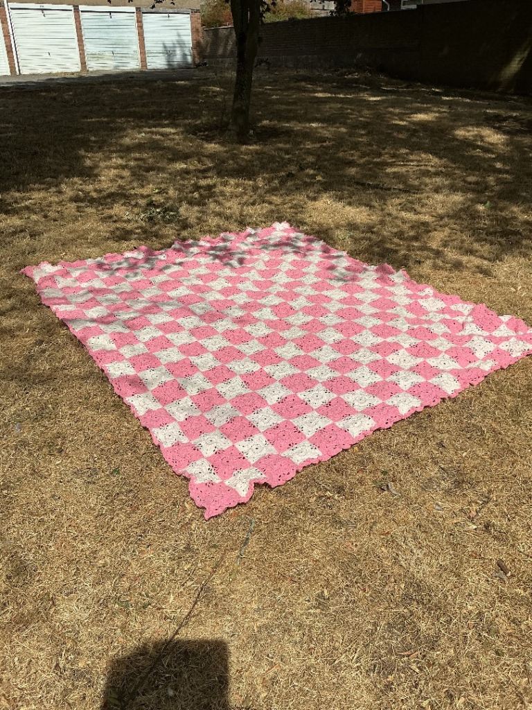 Handmade Pink and White Crochet Blanket - Good Condition