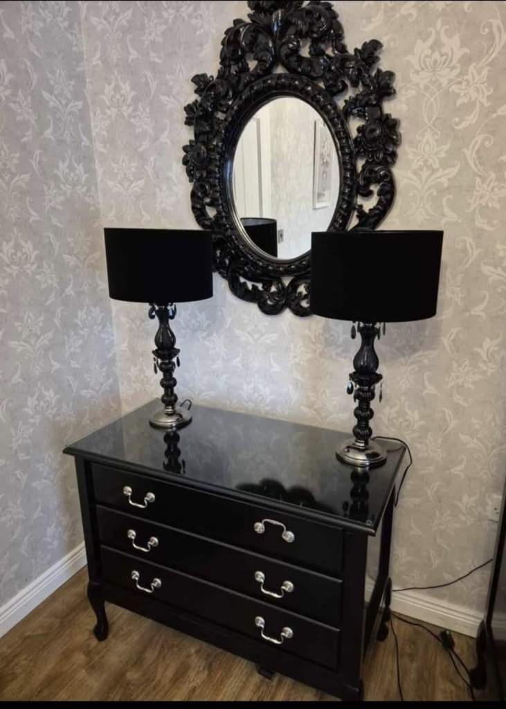 Wardrobe, chest of drawers, bedside locker, mirror, 2 x lamps