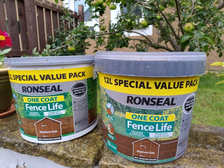 2 x 12L RONSEAL ONE COAT FENCE LIFE - Medium OAK - £20 for them both.