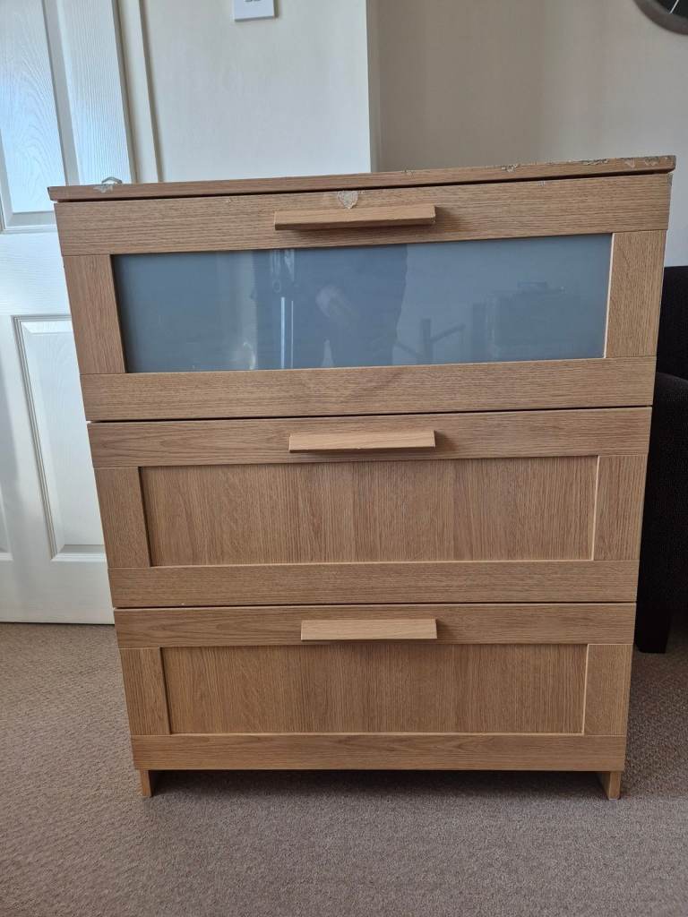 IKEA BRIMNES Chest of 3 drawers oak effect - great drawers, some damage to the top