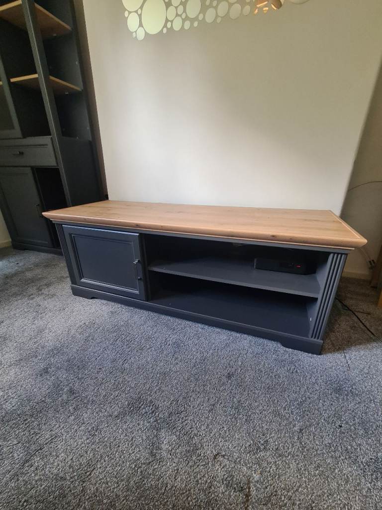 Dark Grey TV Unit with Wooden Top – Good Condition