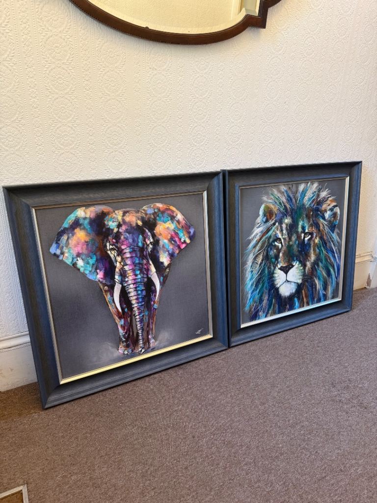 John Lewis Louise Luton Framed Lion & Elephant Prints – 83 x 83cm