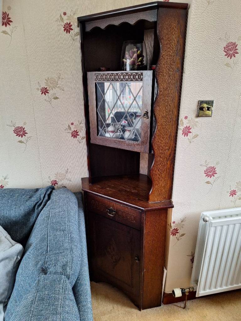 Vintage Soild Wood Corner Cabinet with Glass Door